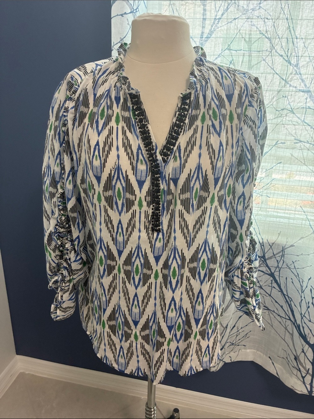 Chico’s Woven Ikat-Print Peasant Blouse - Blue/Green